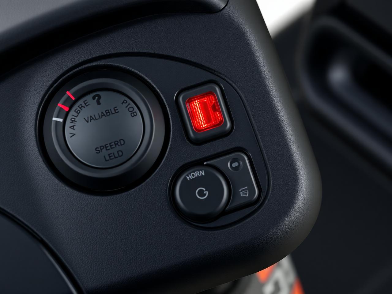 Close-up of the labeled scooter control panel with speed dial, horn and headlight